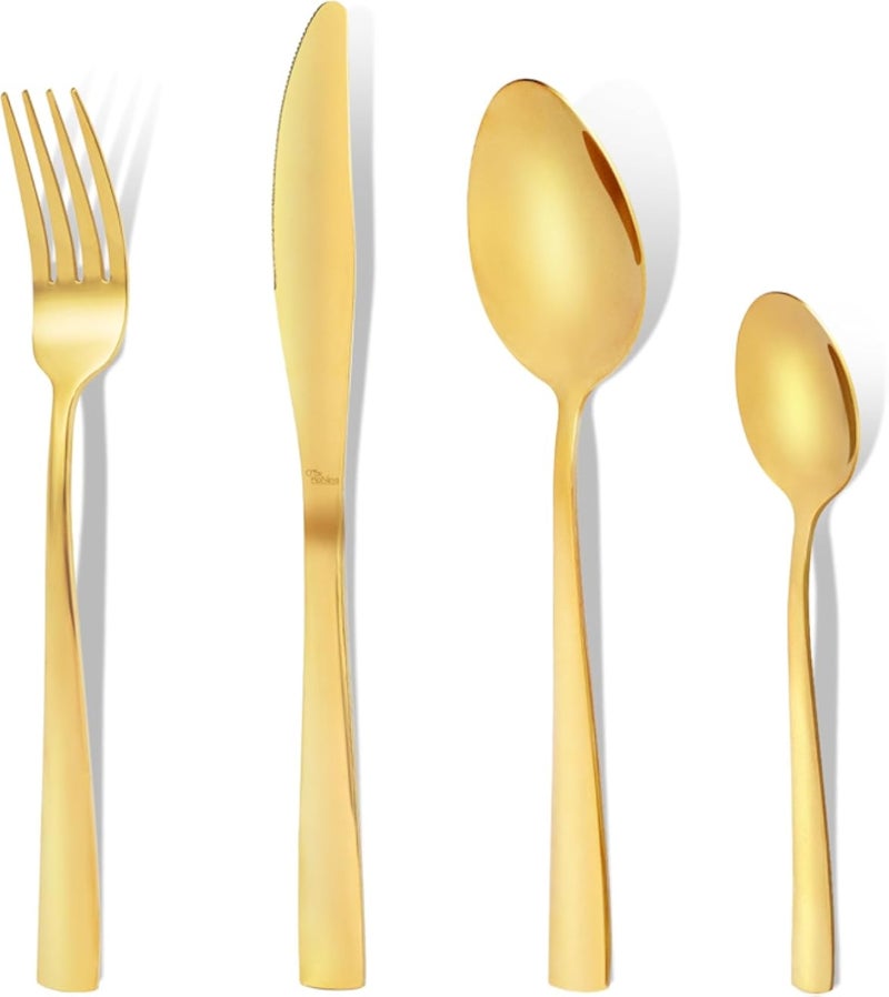 Otto Koning 24-Piece Gold Stainless Steel Modern Flatware Set for 6 People - Complete Cutlery Set with Fork, Spoon, Knife and Coffee Spoon, Dishwasher Safe